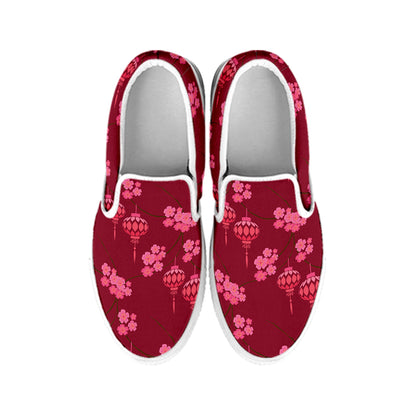 Pink Japanese Lantern Pattern Print White Slip On Shoes