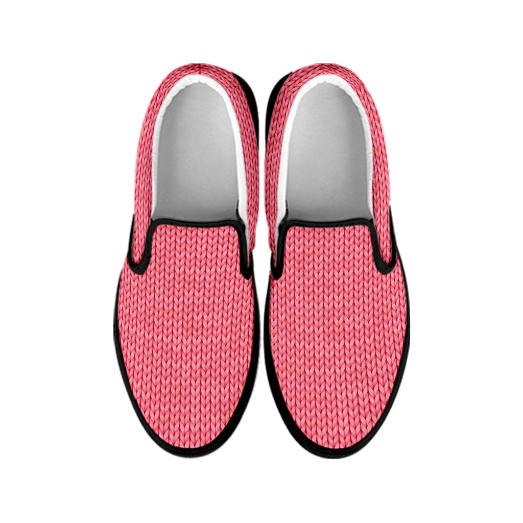 Pink Knitted Pattern Print Black Slip On Shoes