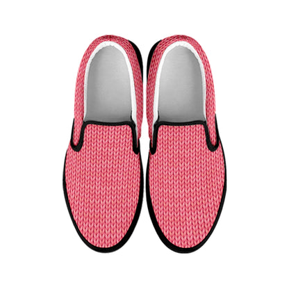 Pink Knitted Pattern Print Black Slip On Shoes
