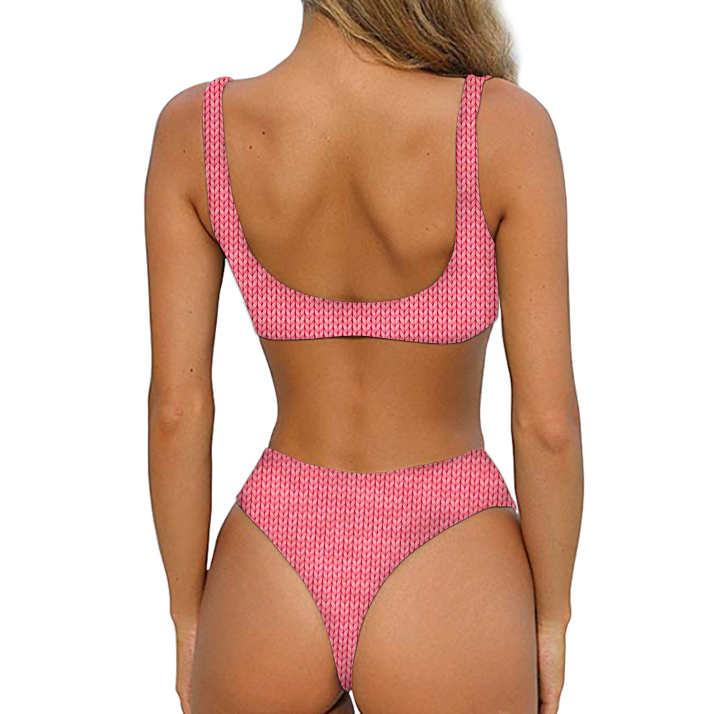 Pink Knitted Pattern Print Front Bow Tie Bikini