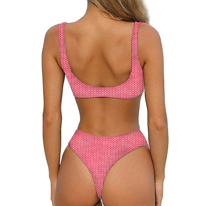Pink Knitted Pattern Print Front Bow Tie Bikini