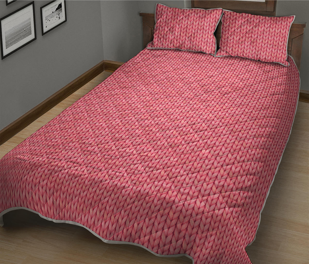 Pink Knitted Pattern Print Quilt Bed Set
