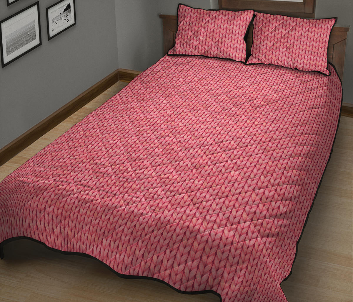 Pink Knitted Pattern Print Quilt Bed Set