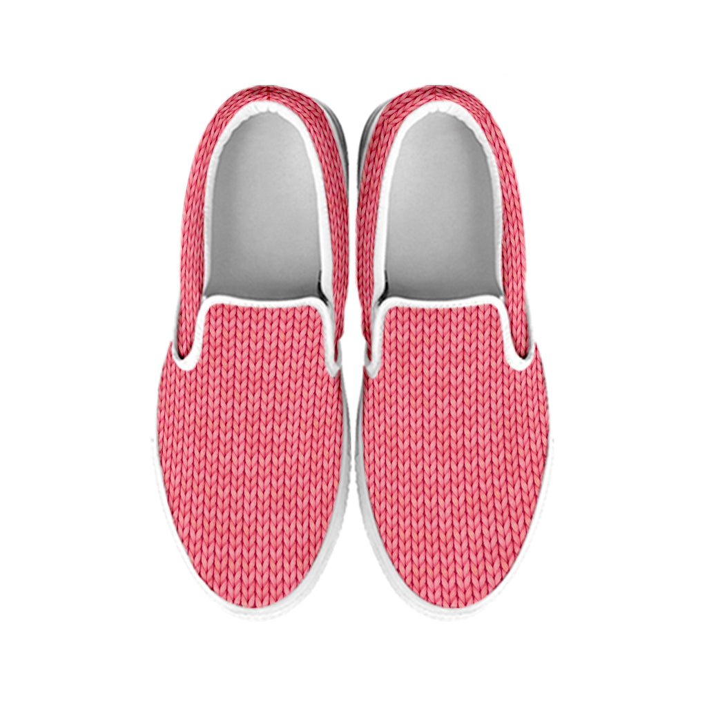 Pink Knitted Pattern Print White Slip On Shoes