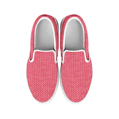 Pink Knitted Pattern Print White Slip On Shoes