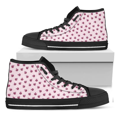 Pink Ladybug Pattern Print Black High Top Shoes