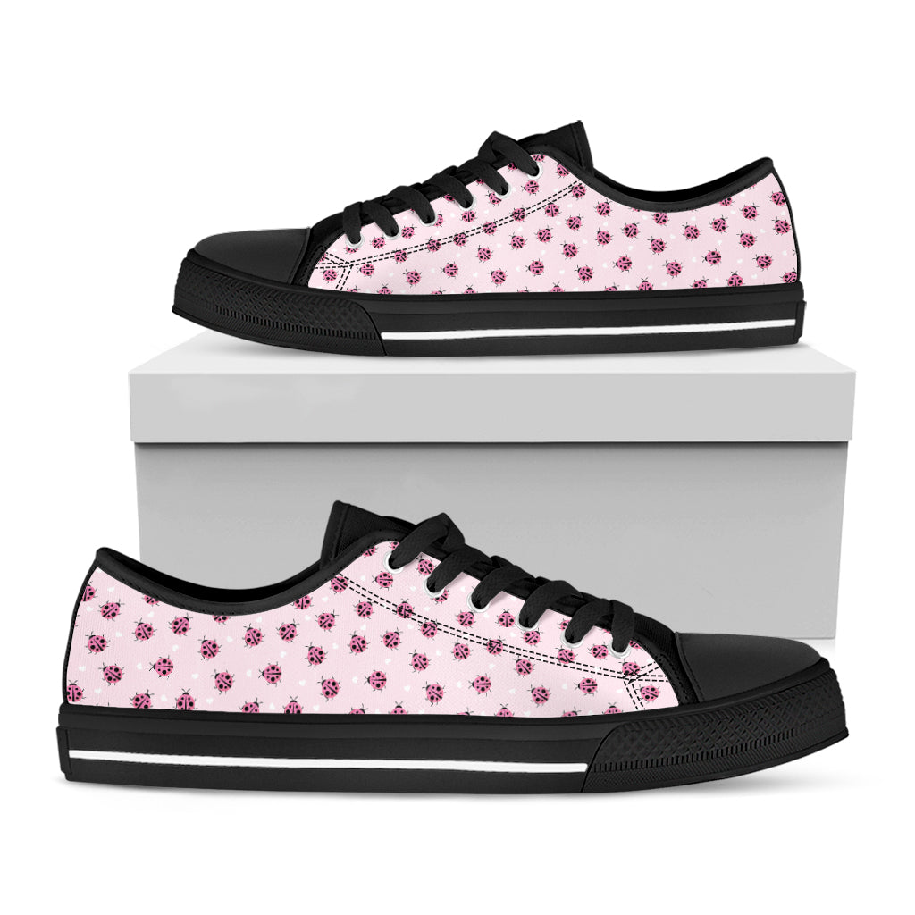 Pink Ladybug Pattern Print Black Low Top Shoes