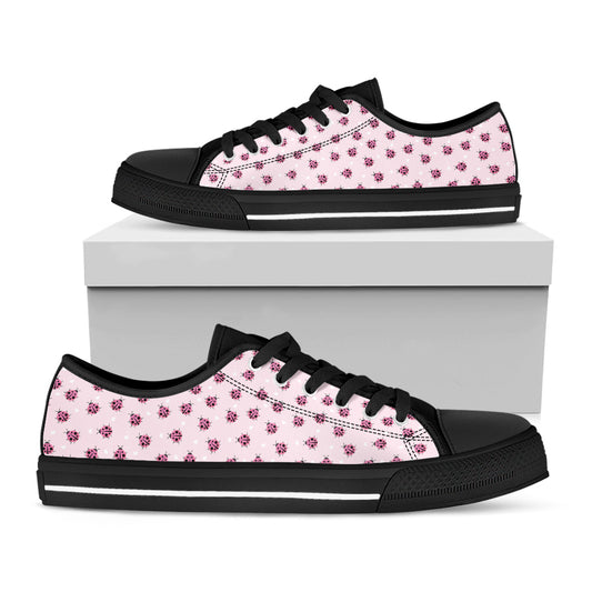 Pink Ladybug Pattern Print Black Low Top Shoes