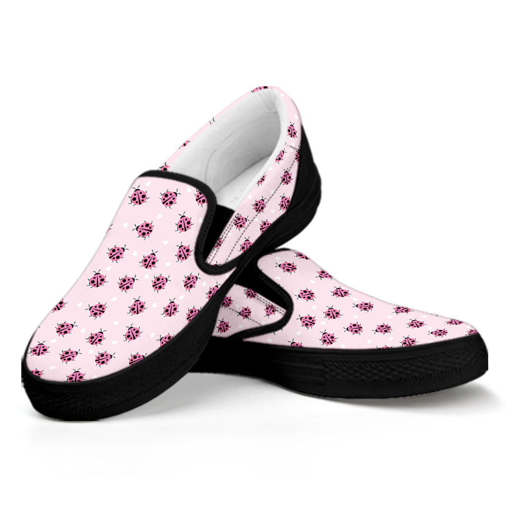 Pink Ladybug Pattern Print Black Slip On Shoes