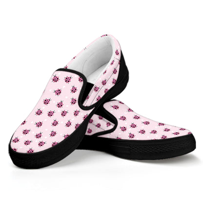 Pink Ladybug Pattern Print Black Slip On Shoes