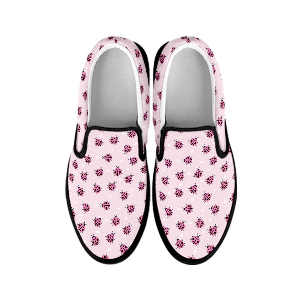 Pink Ladybug Pattern Print Black Slip On Shoes