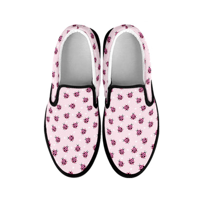 Pink Ladybug Pattern Print Black Slip On Shoes
