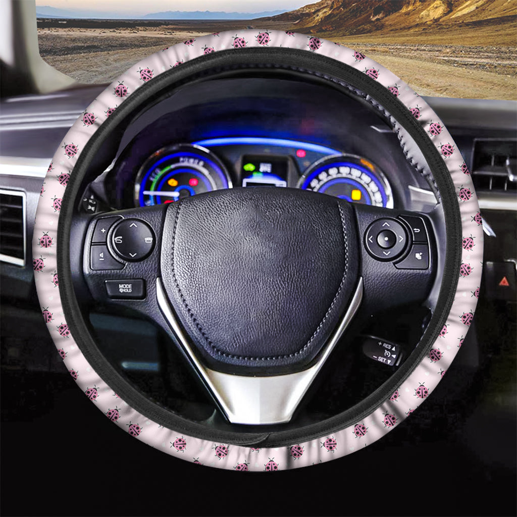 Pink Ladybug Pattern Print Car Steering Wheel Cover