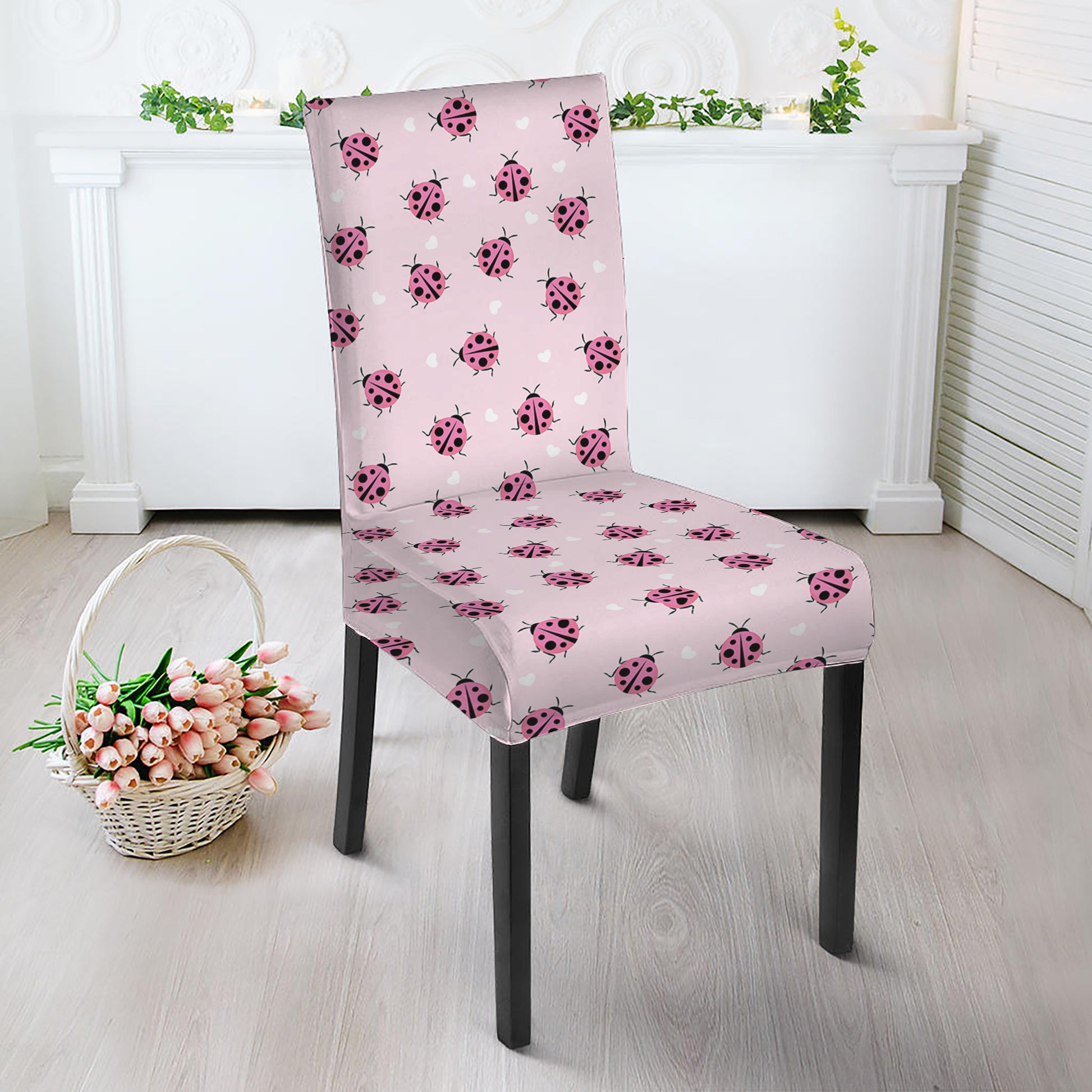 Pink Ladybug Pattern Print Dining Chair Slipcover