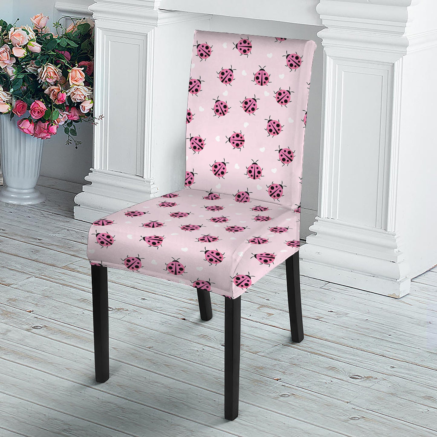 Pink Ladybug Pattern Print Dining Chair Slipcover