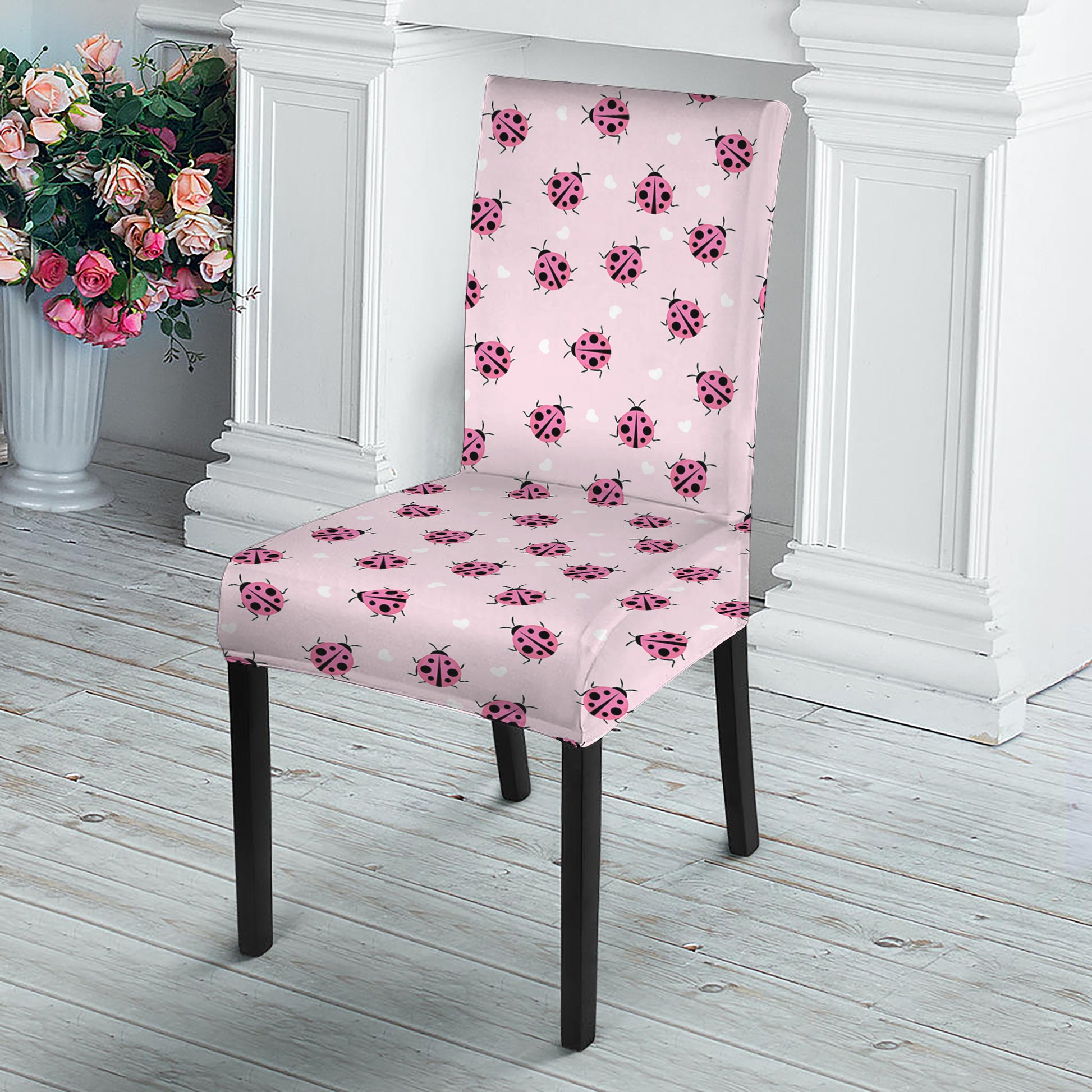 Pink Ladybug Pattern Print Dining Chair Slipcover