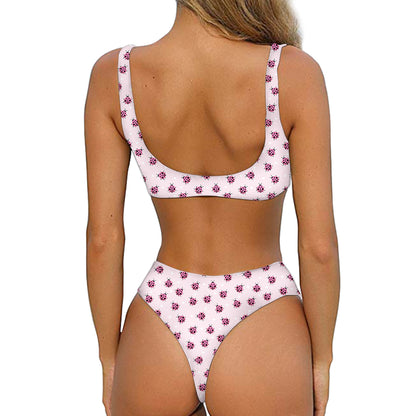 Pink Ladybug Pattern Print Front Bow Tie Bikini