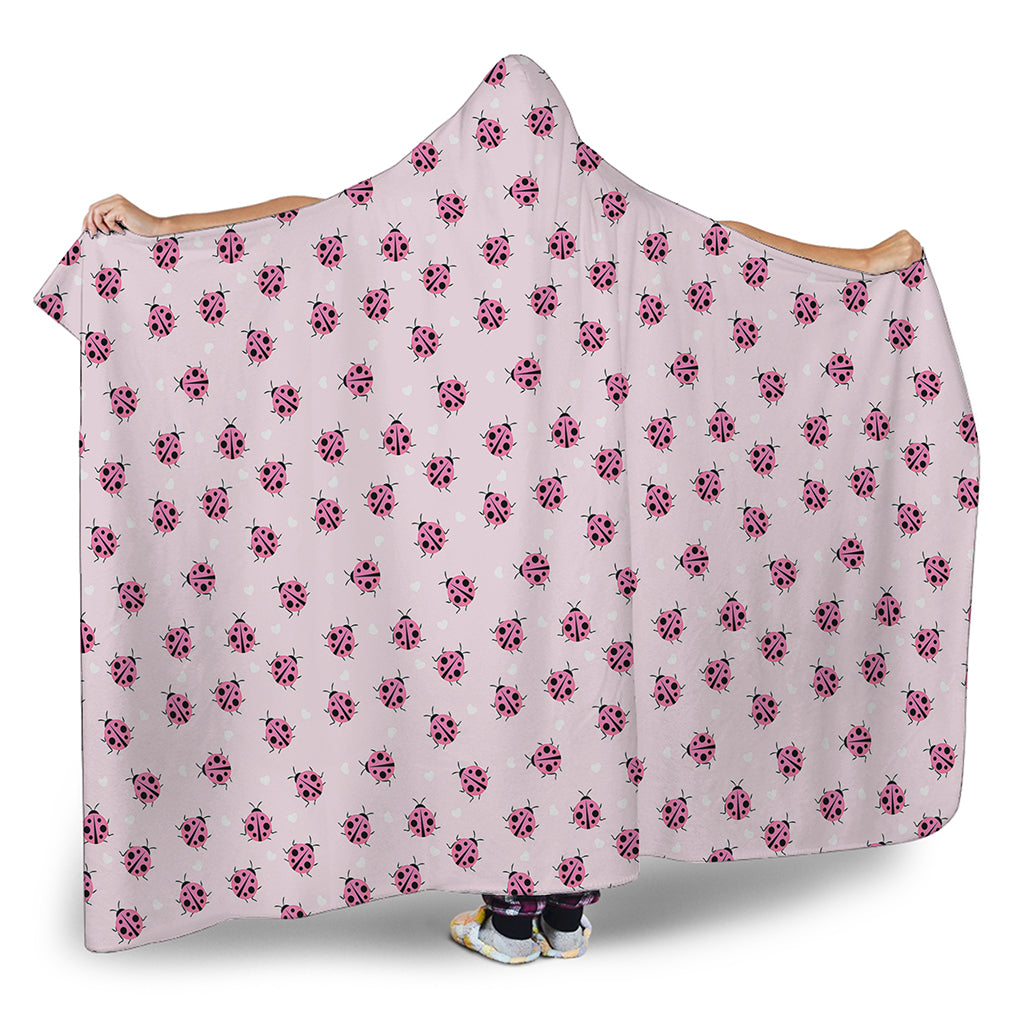 Pink Ladybug Pattern Print Hooded Blanket