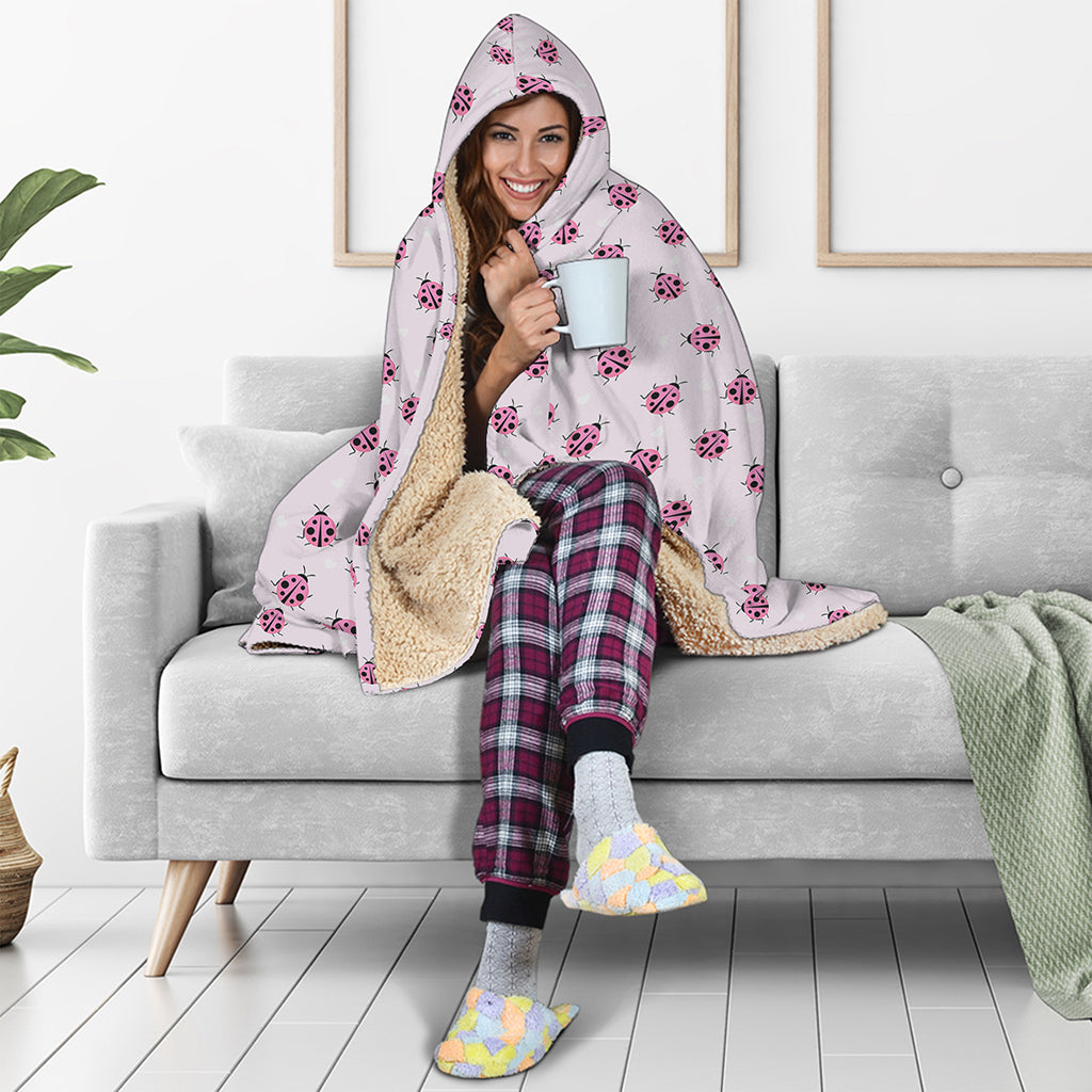 Pink Ladybug Pattern Print Hooded Blanket