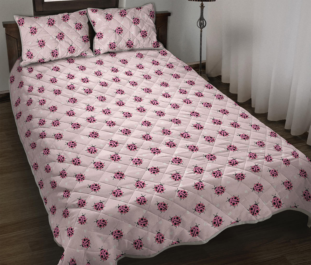 Pink Ladybug Pattern Print Quilt Bed Set