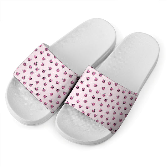 Pink Ladybug Pattern Print White Slide Sandals
