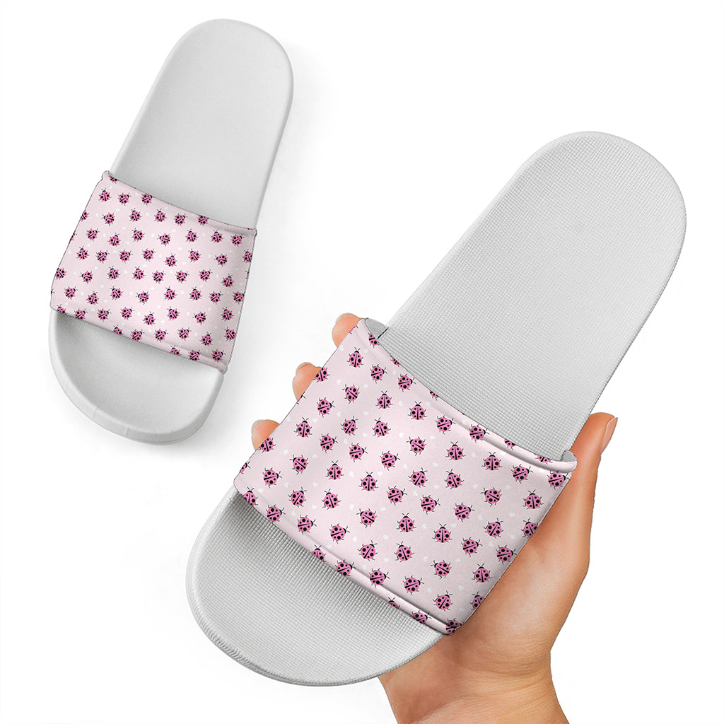 Pink Ladybug Pattern Print White Slide Sandals