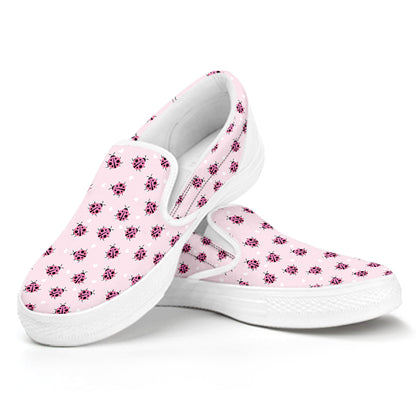 Pink Ladybug Pattern Print White Slip On Shoes