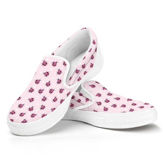 Pink Ladybug Pattern Print White Slip On Shoes