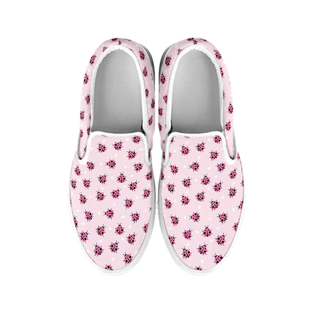 Pink Ladybug Pattern Print White Slip On Shoes