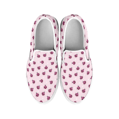 Pink Ladybug Pattern Print White Slip On Shoes