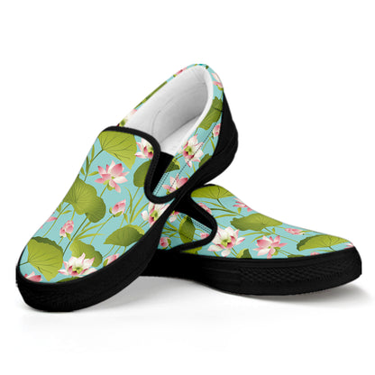 Pink Lotus Pattern Print Black Slip On Shoes