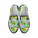 Pink Lotus Pattern Print Black Slip On Shoes