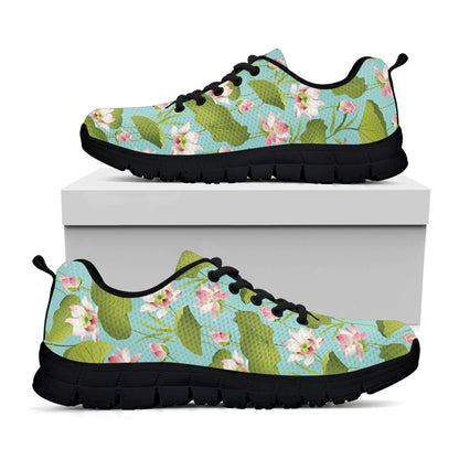 Pink Lotus Pattern Print Black Sneakers