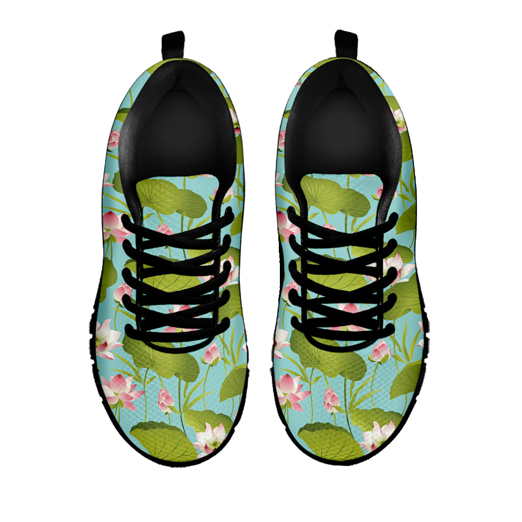 Pink Lotus Pattern Print Black Sneakers