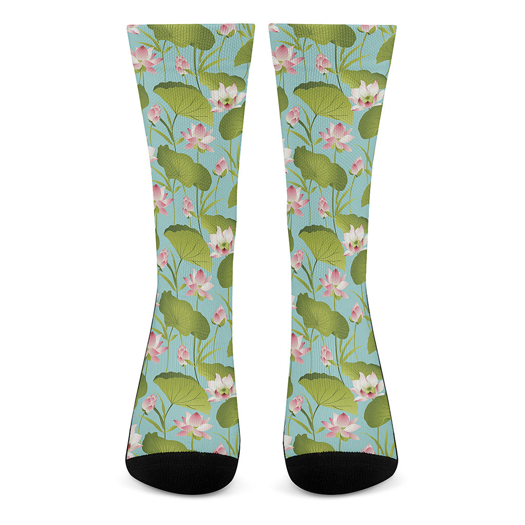 Pink Lotus Pattern Print Crew Socks