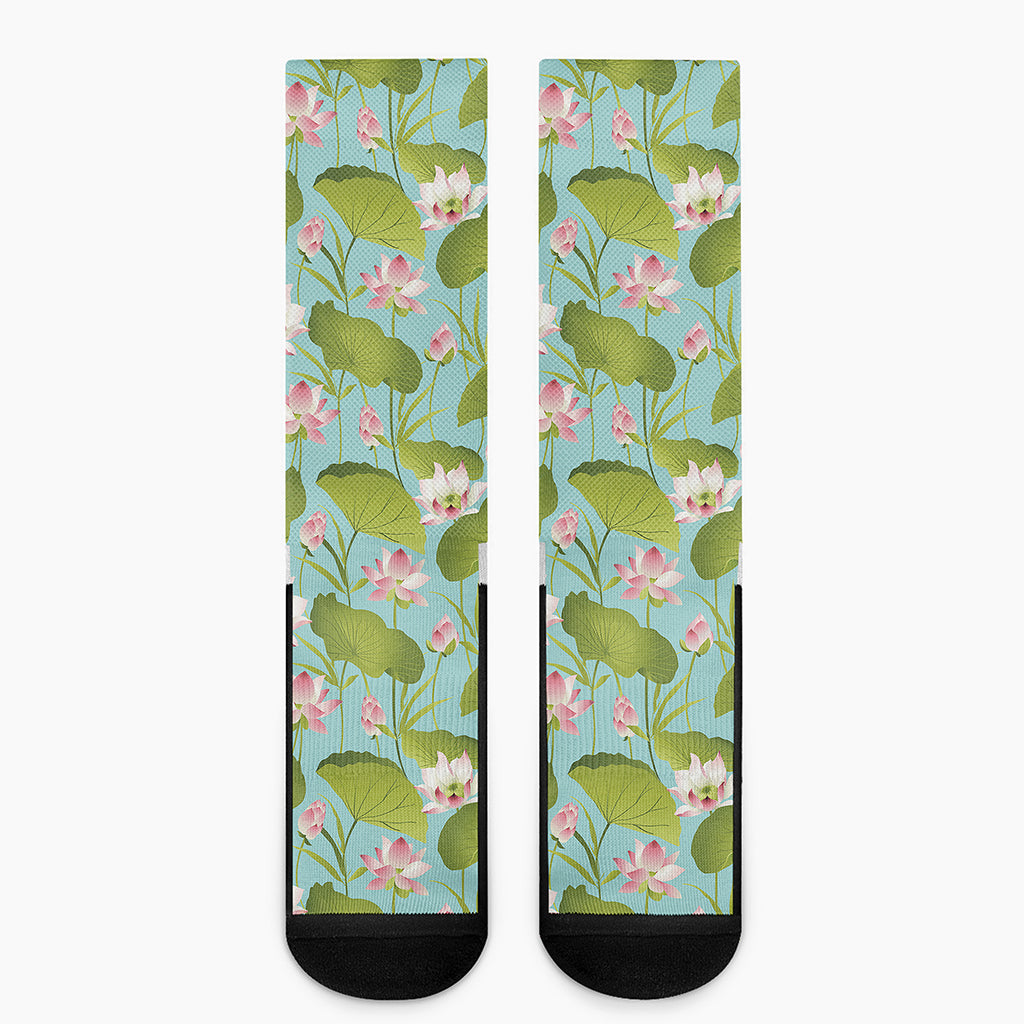 Pink Lotus Pattern Print Crew Socks