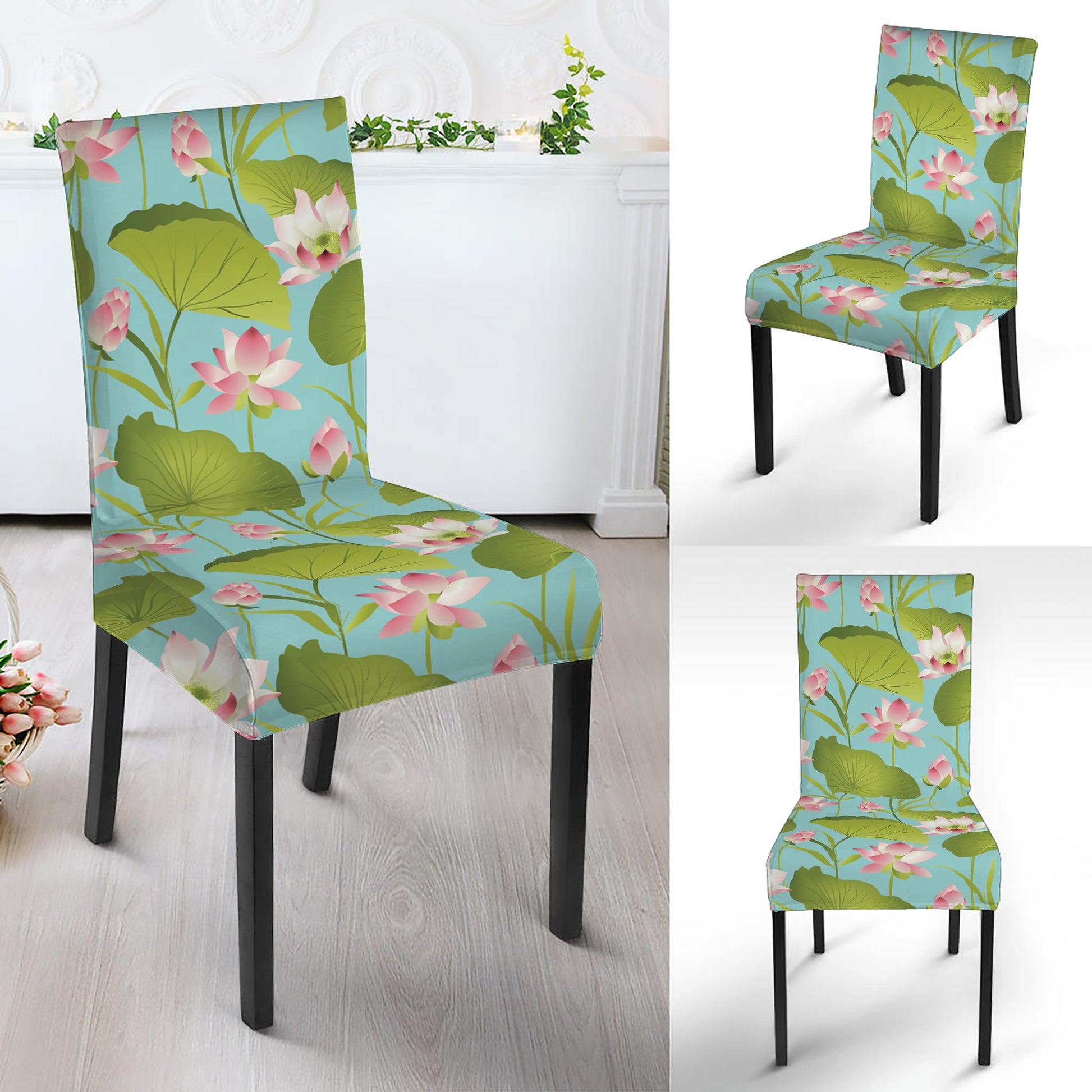 Pink Lotus Pattern Print Dining Chair Slipcover