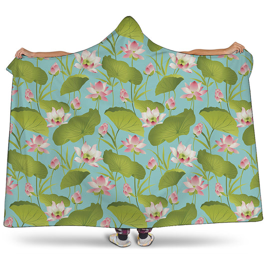 Pink Lotus Pattern Print Hooded Blanket