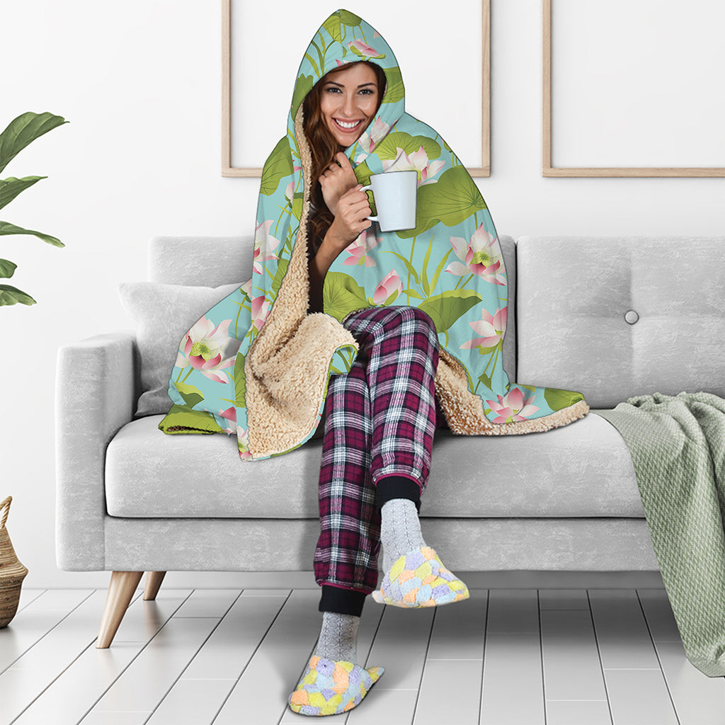Pink Lotus Pattern Print Hooded Blanket