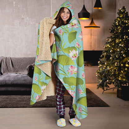 Pink Lotus Pattern Print Hooded Blanket