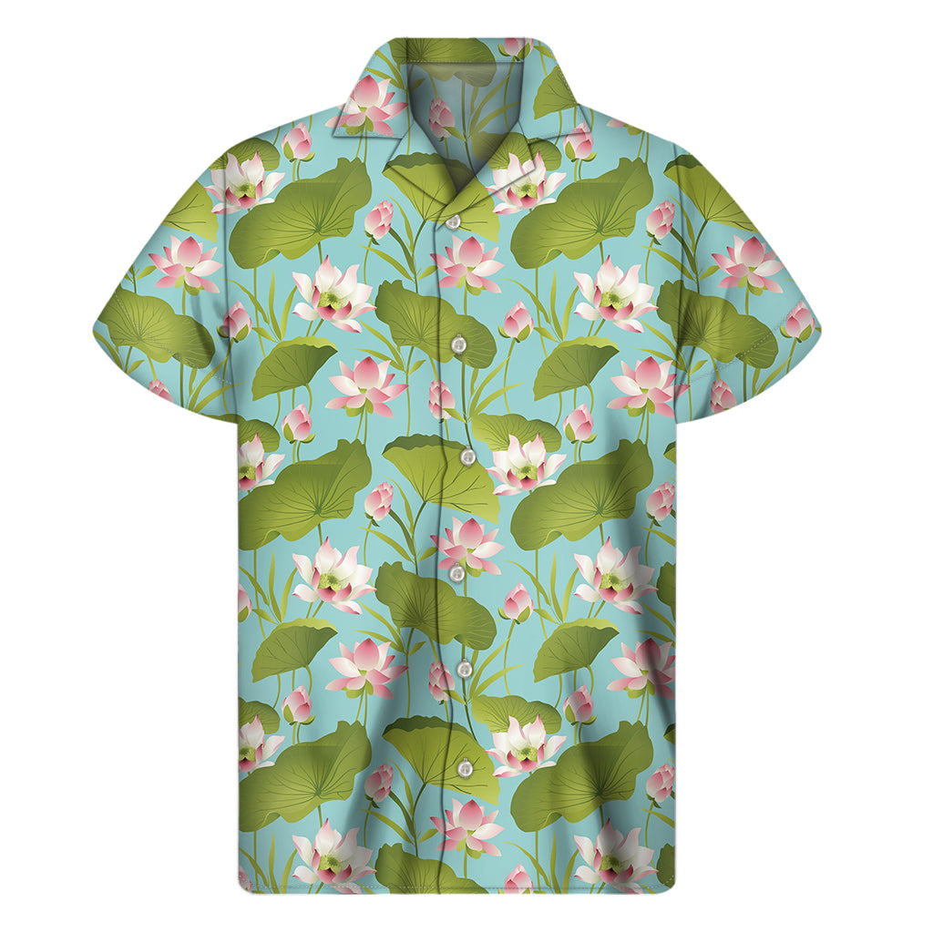 Pink Lotus Pattern Print Men's Short Sleeve Shirt