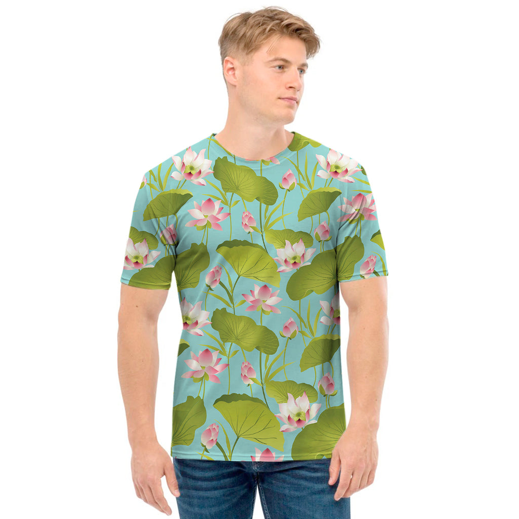 Pink Lotus Pattern Print Men's T-Shirt