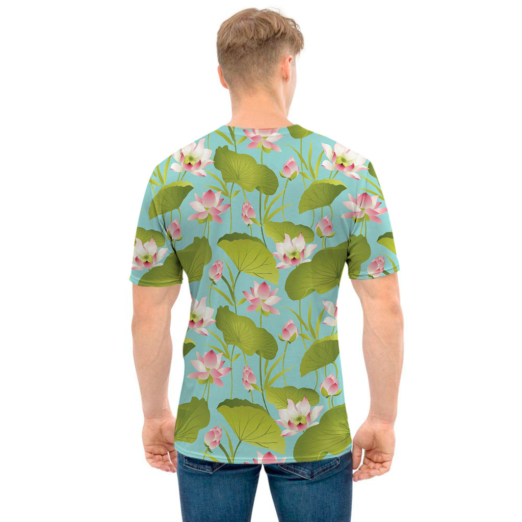 Pink Lotus Pattern Print Men's T-Shirt