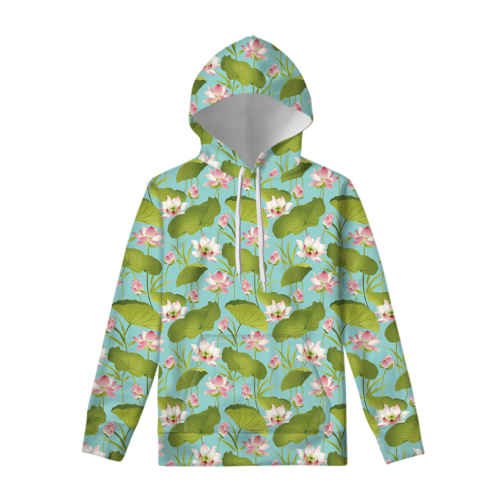 Pink Lotus Pattern Print Pullover Hoodie