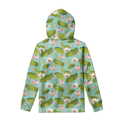 Pink Lotus Pattern Print Pullover Hoodie