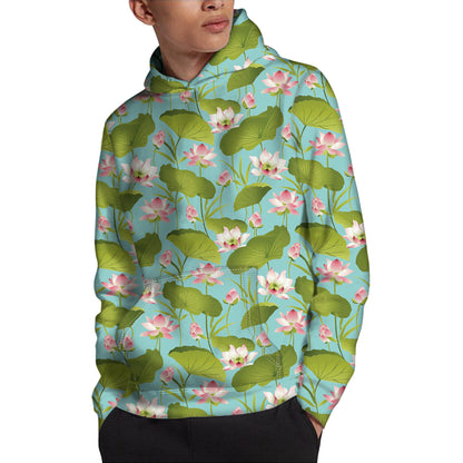 Pink Lotus Pattern Print Pullover Hoodie