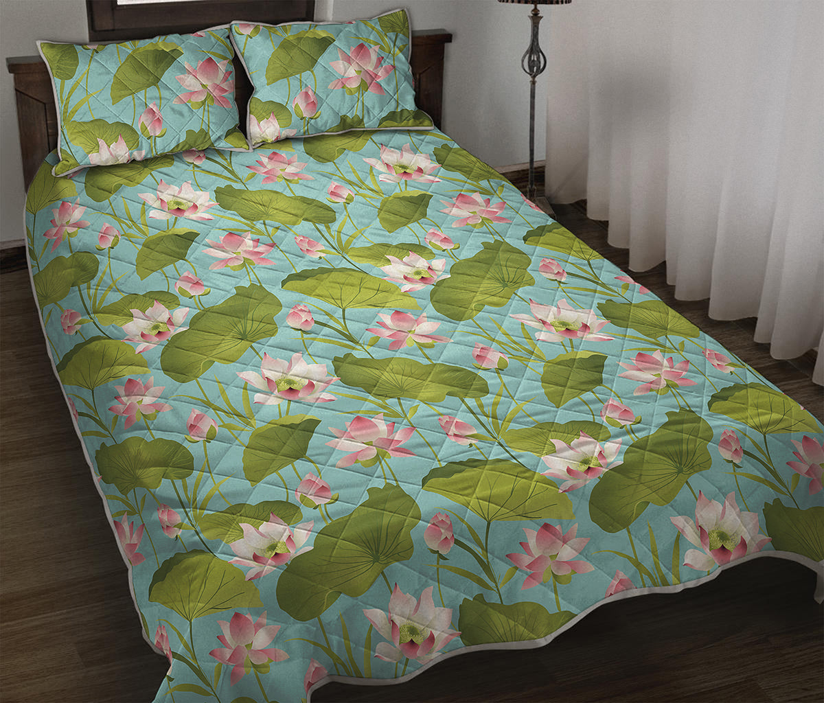 Pink Lotus Pattern Print Quilt Bed Set
