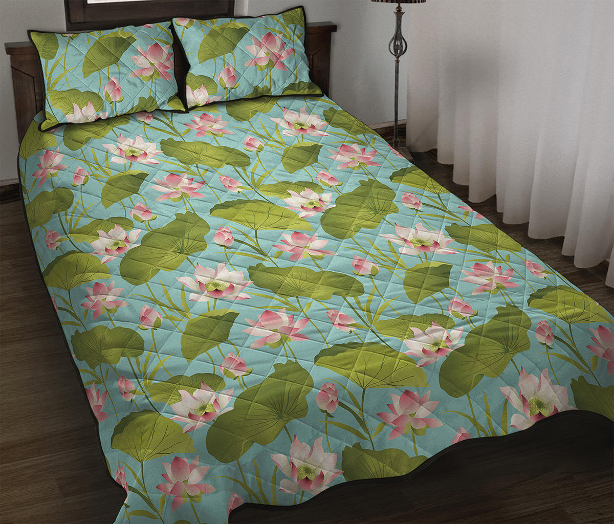 Pink Lotus Pattern Print Quilt Bed Set