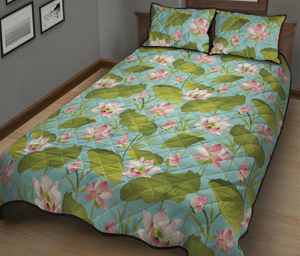 Pink Lotus Pattern Print Quilt Bed Set