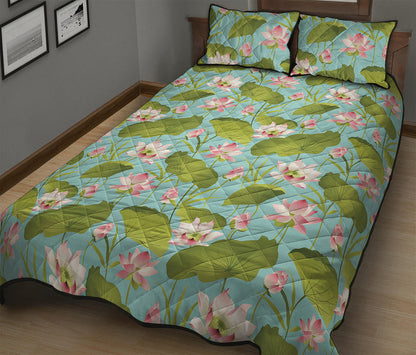 Pink Lotus Pattern Print Quilt Bed Set